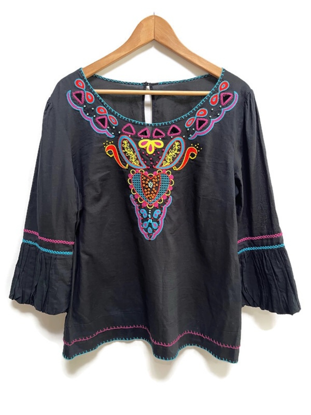 Vintage Embroidered & Beaded Boho Peasant‎ Top | Colorful Folk Blouse | Size L